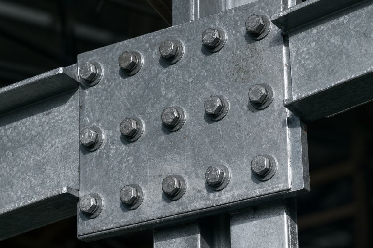 Conexión atornillada con placa de unión en estructura metálica con recubrimiento Zn-Al-Mg, sin soldadura en obra