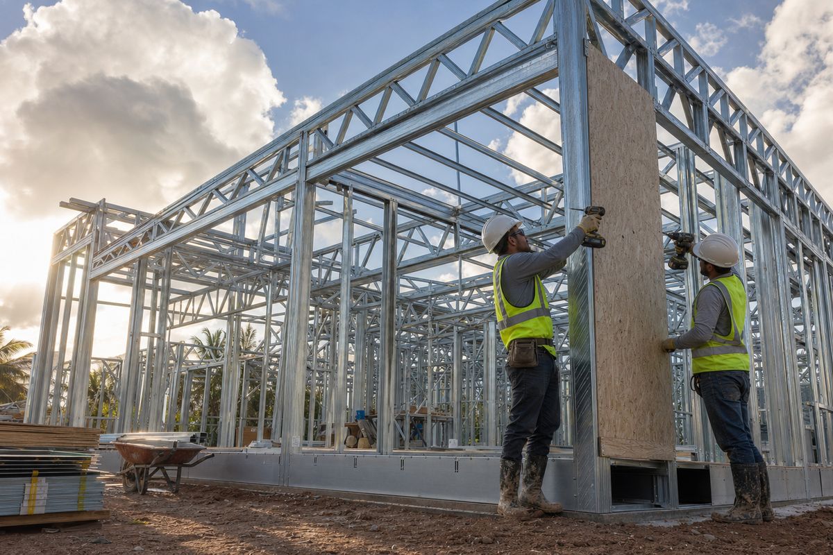 Estructura completa en acero conformado en frío durante el montaje en obra, con cuadrilla atornillando paneles