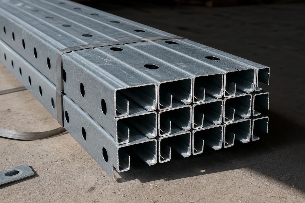 Paquete flejado de perfiles C de acero conformado en frío con perforaciones de paso de instalaciones